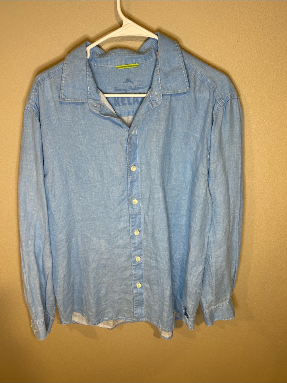 Tommy Bahama Shirt Men Size L Blue Long Sleeve 100% Linen Relax Single Pocket